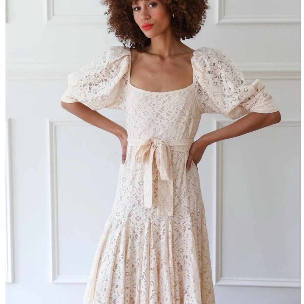 Anthropologie Cream Lace Maxi Dress with Puff Sleeves - Picture 2 of 16